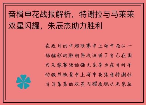 奋楫申花战报解析，特谢拉与马莱莱双星闪耀，朱辰杰助力胜利