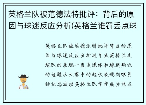 英格兰队被范德法特批评：背后的原因与球迷反应分析(英格兰谁罚丢点球)