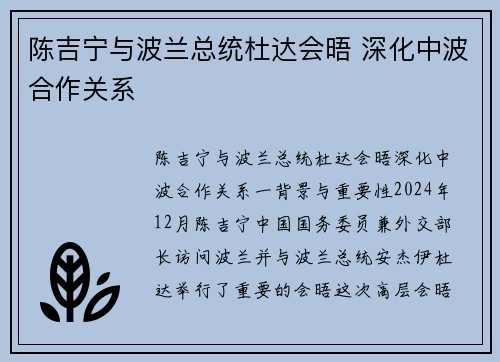 陈吉宁与波兰总统杜达会晤 深化中波合作关系