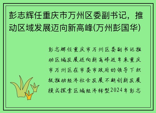 彭志辉任重庆市万州区委副书记，推动区域发展迈向新高峰(万州彭国华)