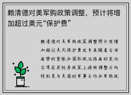 赖清德对美军购政策调整，预计将增加超过美元“保护费”