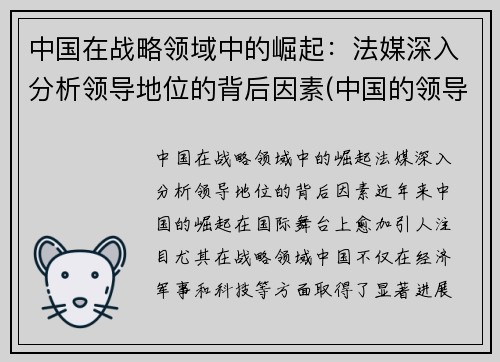 中国在战略领域中的崛起：法媒深入分析领导地位的背后因素(中国的领导者在决策时首要考虑的价值因素是)