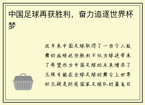 中国足球再获胜利，奋力追逐世界杯梦