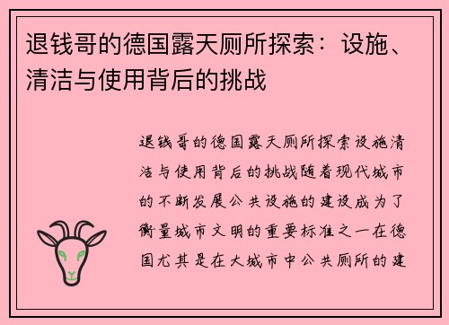 退钱哥的德国露天厕所探索：设施、清洁与使用背后的挑战