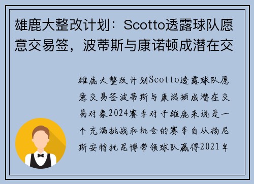 雄鹿大整改计划：Scotto透露球队愿意交易签，波蒂斯与康诺顿成潜在交易对象